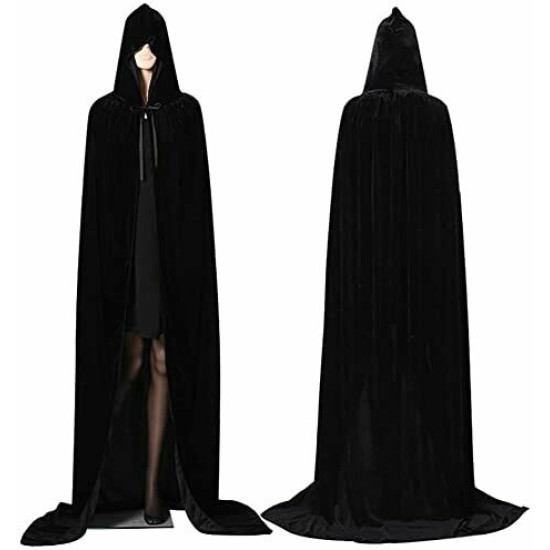 Black Hooded Velvet Cloak for Adults